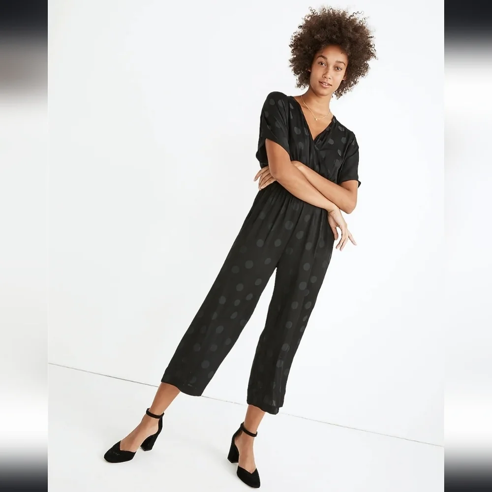 ❤️ MADEWELL WRAP FRONT SMOCK-WAIST JUMPSUIT IN SATIN DOT JACQUARD, XXS